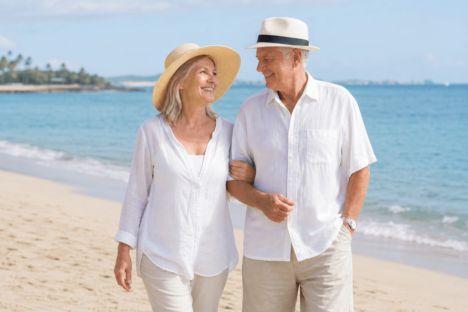 Senior couple walking together on a sunny beach after hip replacement