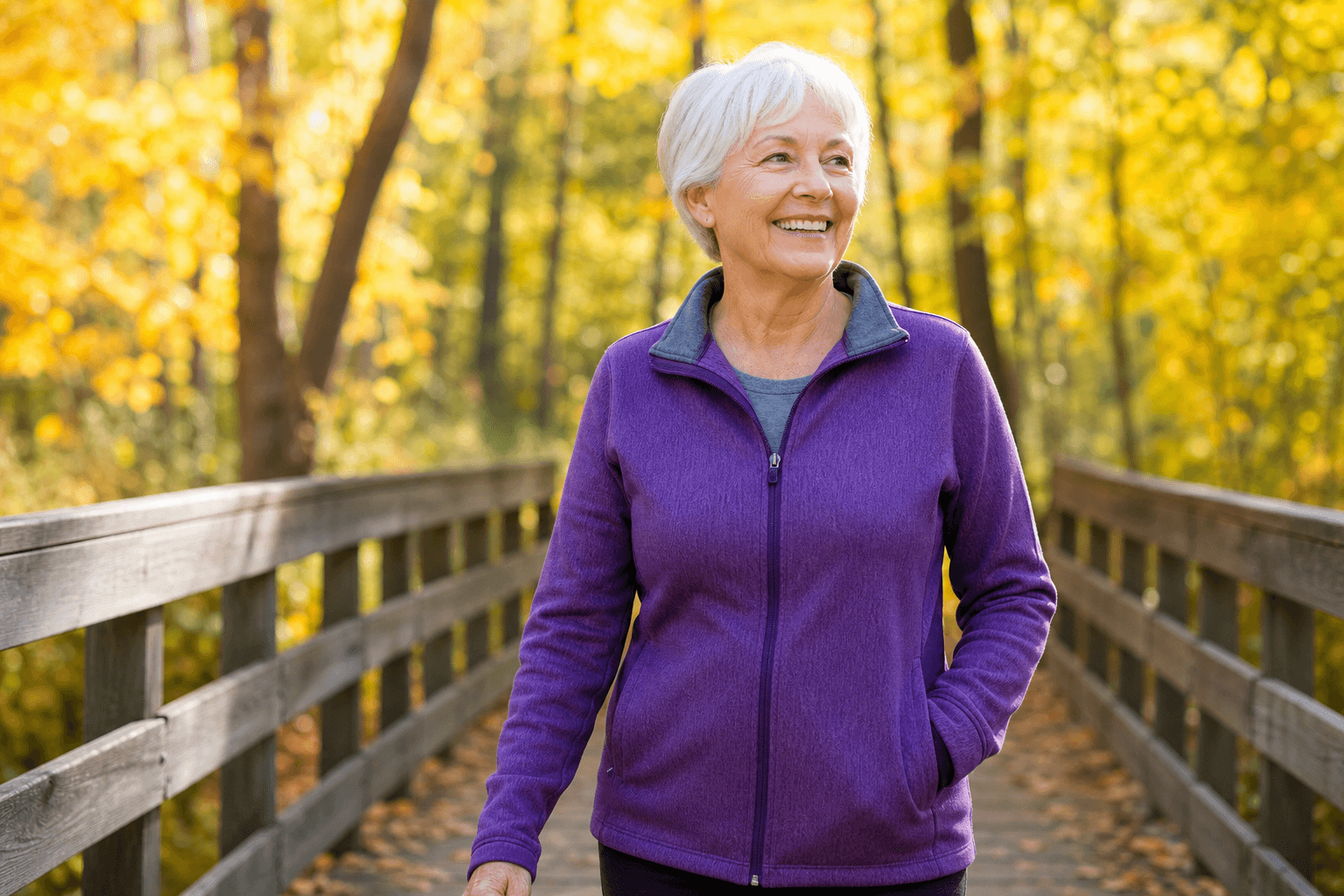 Senior woman walking on a footbridge in an autumn park after knee replacement