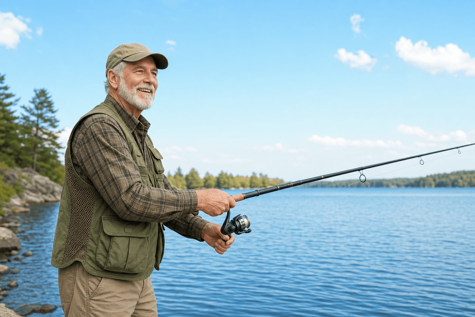 Senior man casting a fishing rod at a lake after shoulder replacement