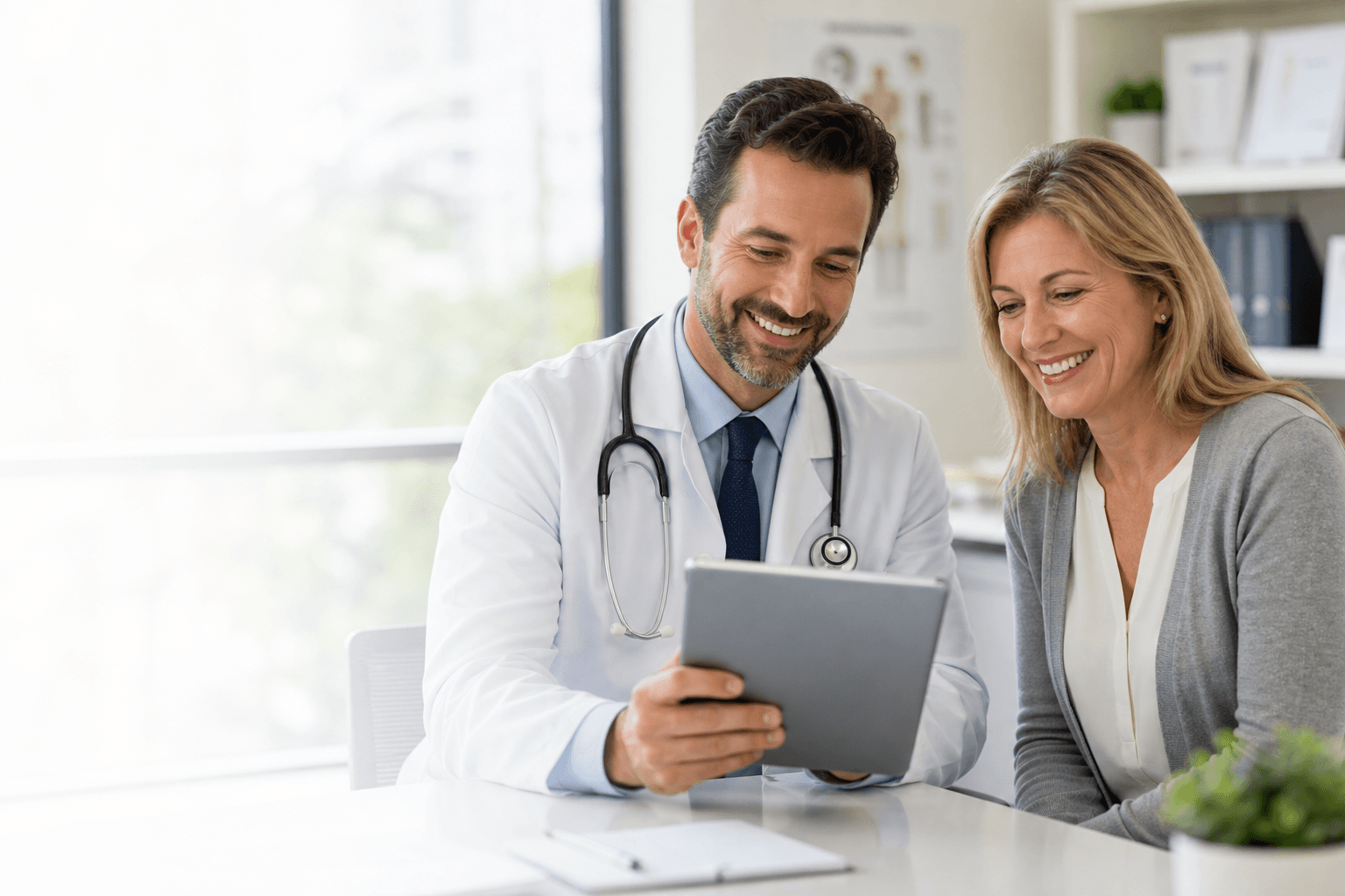 Doctor and patient reviewing a recovery plan together on a tablet