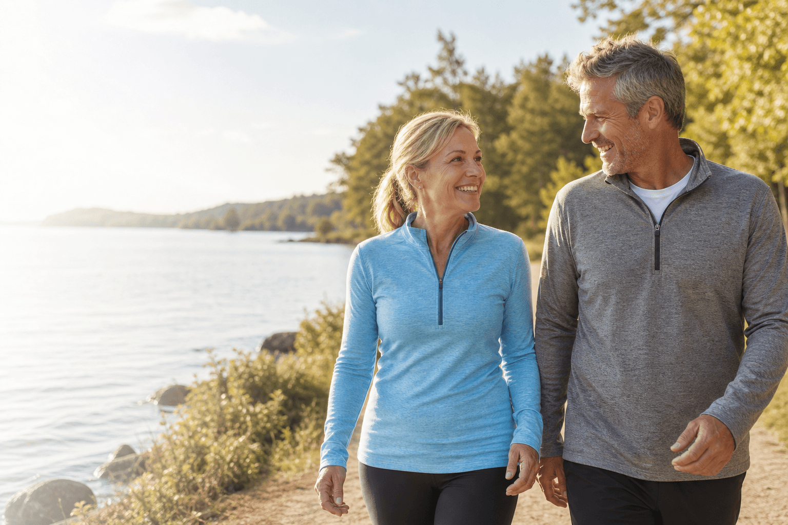 Happy couple walking along a lakeside trail after joint replacement recovery