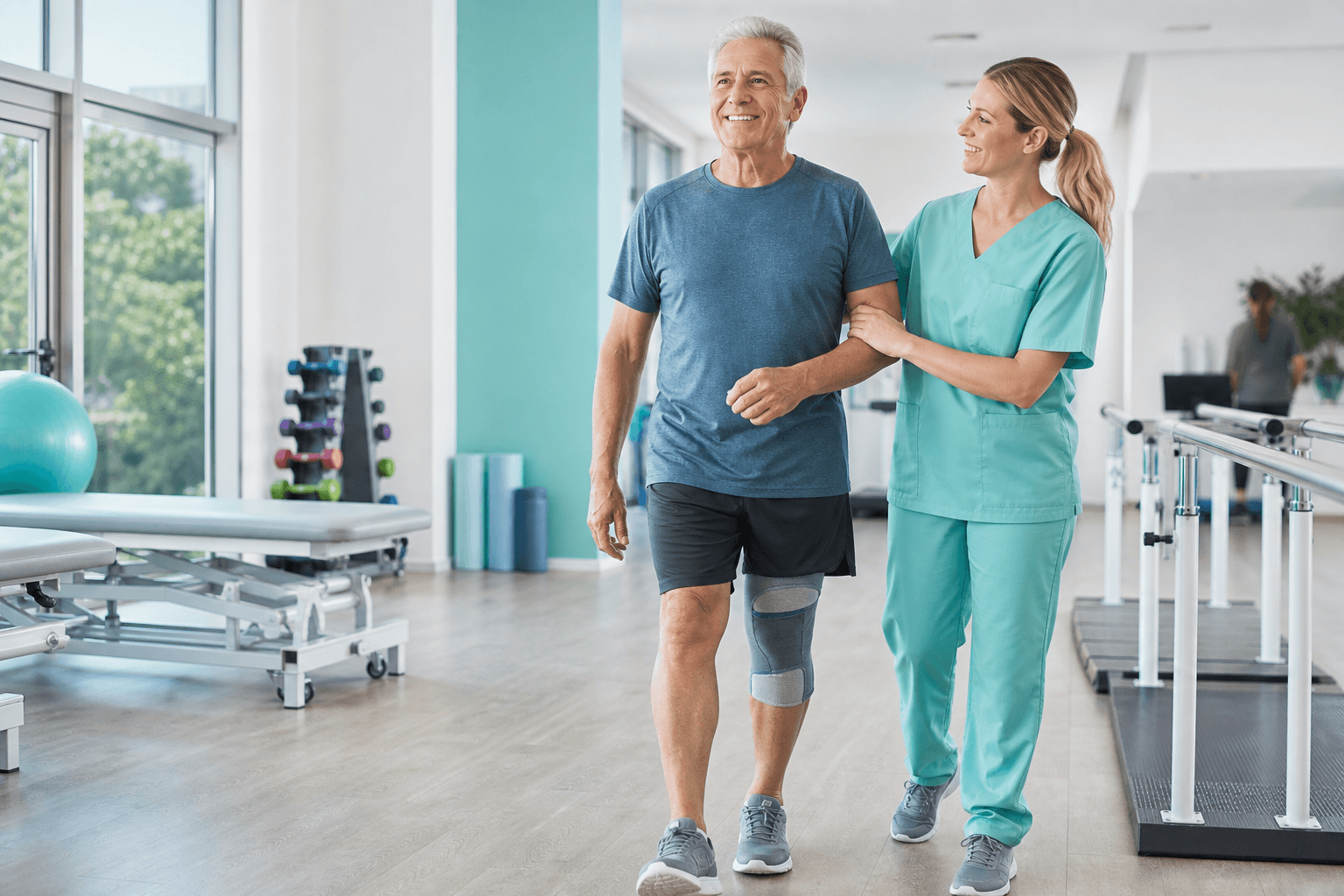 Patient confidently walking during rehabilitation after joint surgery